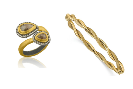 A yellow gold ring and twist bangle, both by Morgan’s, available at Morgan’s Jewelers.