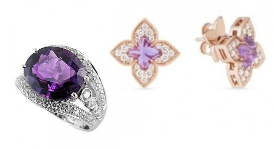 silver and amethyst fashion ring and rose gold and amethyst earrings