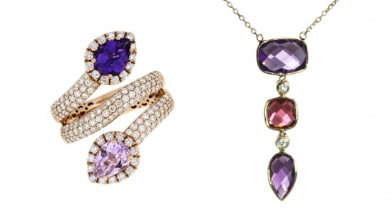 rose gold fashion ring with gemstones and necklace with three gemstones
