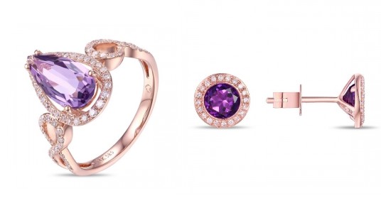 rose gold and amethyst fashion ring and rose gold and amethyst studs