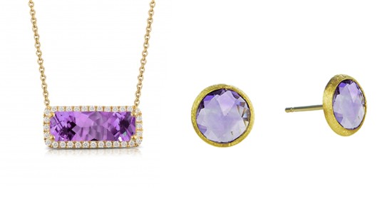 yellow gold and diamond amethyst necklace and yellow gold amethyst studs