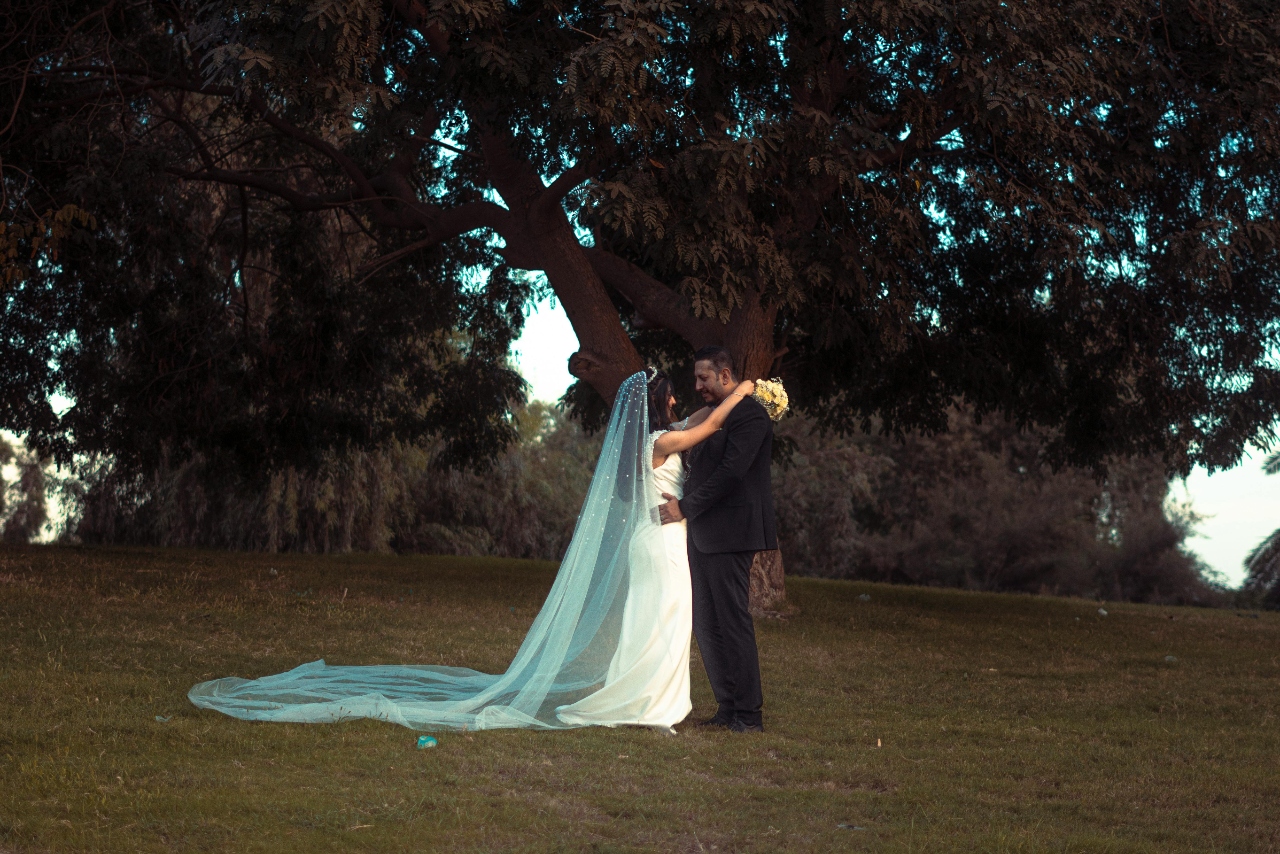 A bride with a long veil and groom standing under a huge tree, hugging each other.