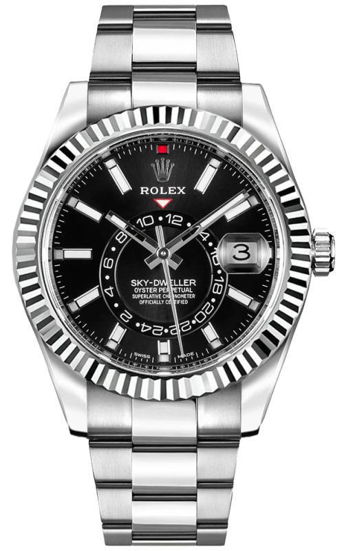 PREOWNED SS 42MM SKYDWELLER, BLACK DIAL, FLUTED BEZEL, OYSTER BRACELET. S#7U871869 BOX+PAPERS