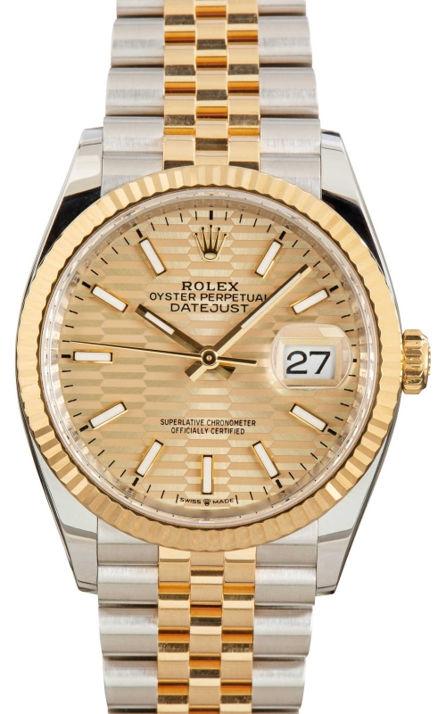 36MM 18KYG/SS DATEJUST, CHAMPAGNE MOTIF DIAL, FLUTED BEZEL, WHITE HOUR MARKERS, JUBILEE BRACELET BOX