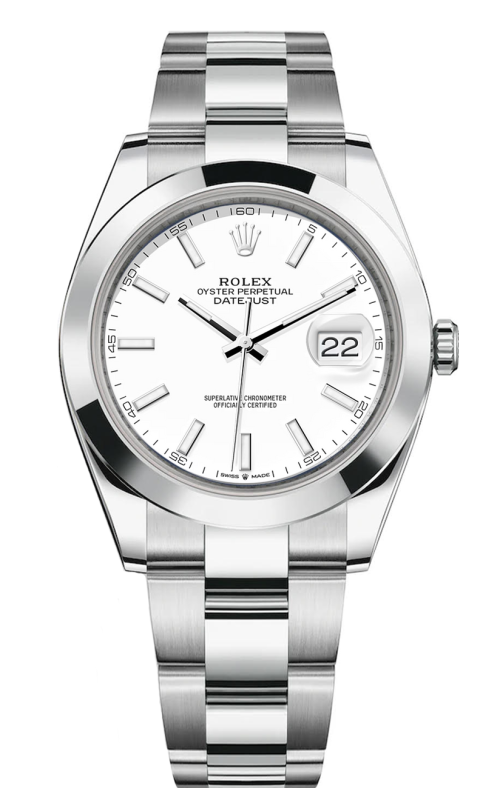 PRE-OWNED 41MM SS DATEJUST WHITE DIAL WHITE HOUR MARKERS SMOOTH BEZEL OYSTER BRACELET WITH BOX