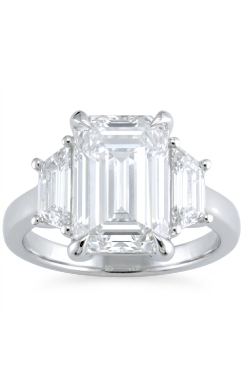 PLATINUM LG EMERALD CUT DIAMOND SEMI MOUNT ENGAGEMENT RING WITH 2 TRAPEZOID DIAMONDS ON EITHER SIDE