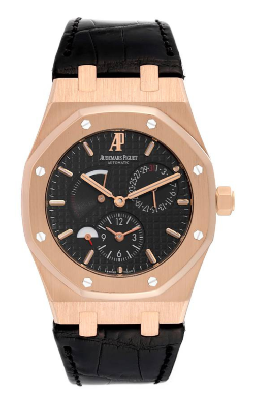 39MM PREOWNED 18K ROSE GOLD AUDEMARS PIQUET ROYAL OAK DUAL TIME WITH BLACK DIAL AND SUBDIALS ON BLAC