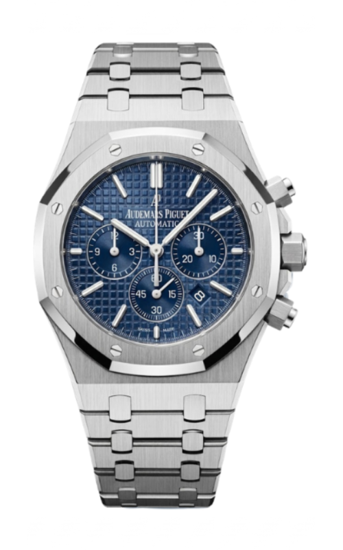 41MM PREOWNED SS AUDEMARS PIQUET ROYAL OAK CHRONOGRAPH WITH BLUE DIAL AND SUBDIALS ON BRACELET. STYL