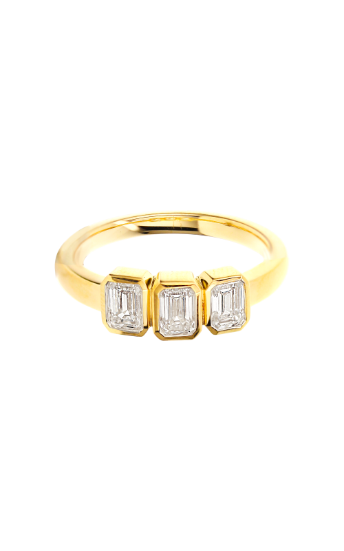18KY BEZEL SET 3 STONE ENGAGEMENT RING, CENTER EMERALD = 0.70CT, 2 SIDE EMERALDS = 0.85CTW, F VS, SI