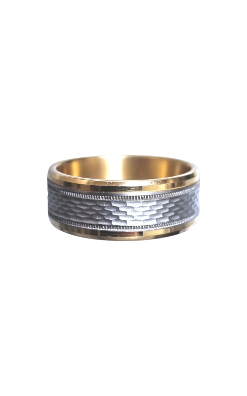14KW 8MM COMFORT FIT WEDDING BAND WITH DROP BEVELED EDGES AND A MESH CENTER INLAY WITH MILGRAIN BOR