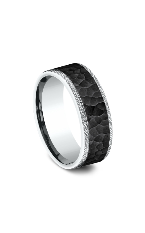 14KW 8MM WEDDING BAND WITH KNURLED EDGES AND A HAMMERED BLACK TITANIUM CENTER SIZE 10