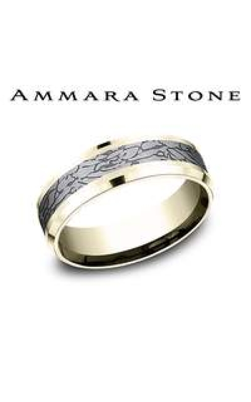 14KY 7MM WEDDING BAND WITH DROP BEVELED EDGES AND A FRACTURED ROCK FINISH TANTALUM INLAY SIZE 10