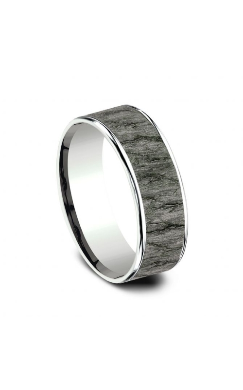 14KW 7.5MM WEDDING BAND WITH THIN EDGES WITH A WIDE LAVA ROCK FINISH TANTALUM CENTER SIZE 10