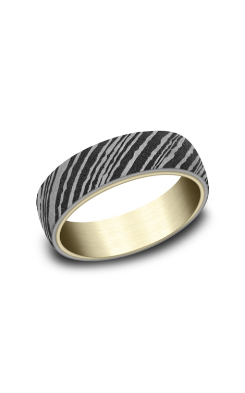 14KY/DAMSS 6.5MM MENS WEDDING BAND WITH THIN YG EDGES AND A WIDE DAMASCUS STEEL INSERT SIZE 10