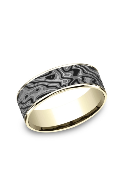 14KY/TANTALUM 7.5MM MENS WEDDING BAND WITH THIN YG EDGES AND A WIDE MOKUME PATTERN TANTALUM CENTER