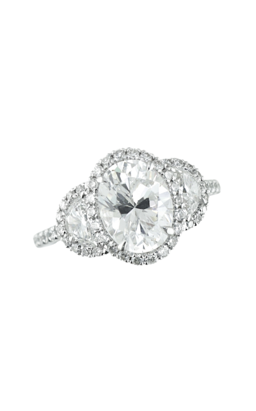 18KWG FOUR PRONG OVAL SETTING WITH HALO AND HALF MOON SIDE STONES WITH HALOS. DIAMOND SHANK AND DIA