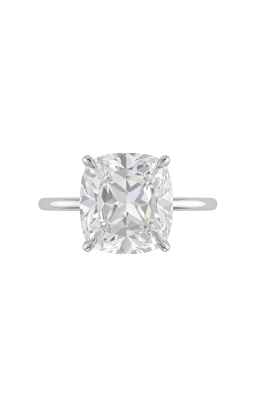 18KW SOLITAIRE ENGAGEMENT RING WITH A 9X8 CUSHION 4 PRONG HEAD SET LOW ON A RAISED WHISPER SHANK