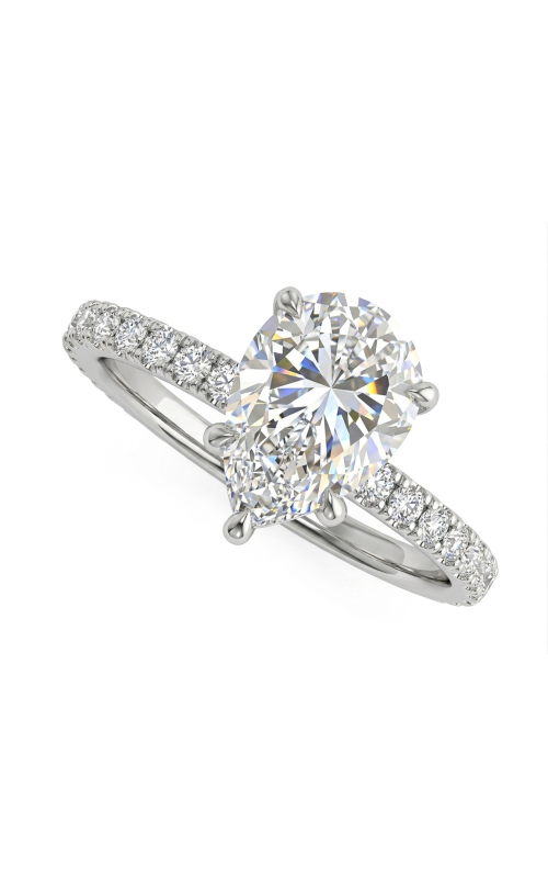 18KW 0.55CTW DIAMOND ENGAGEMENT RING WITH A SYNTHETIC 2 CT PEAR CENTER IN 5 PRONGS WITH A ROW OF DI