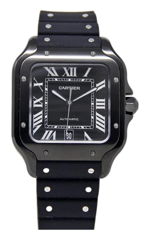 SS 39MMBLACK STEEL LARGE SANTOS DE CARTIER, GREY DIAL/ BLACK LEATHER STRAP ATTACHED/SECOND STRAP IN