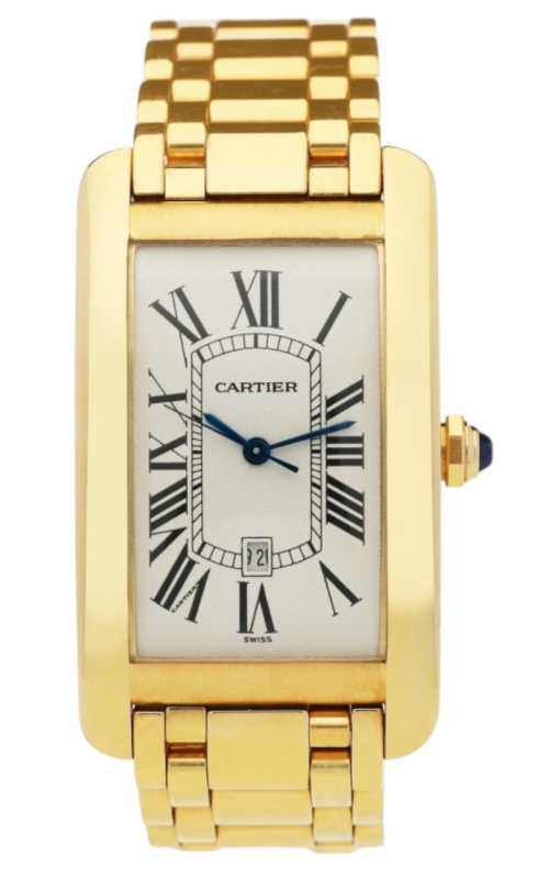 PRE-OWNED 45X27MM 18KY CARTIER TANK AMERICAINE WHITE ROMAN DIAL ON YG BRACELET WITH BOX