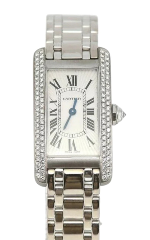 PRE-OWNED 18KW CARTIER TANK AMERICAINE WHITE ROMAN DIAL PAVEE SIDES OF BEZEL W/ BOX NO P