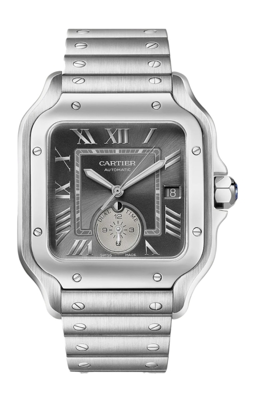 SS LARGE SANTOS DE CARTIER, GRAY DIAL, SECOND STRAP IN GRAY ALLIGATOR LEATHER, WITH SMARTLINK ADJUS