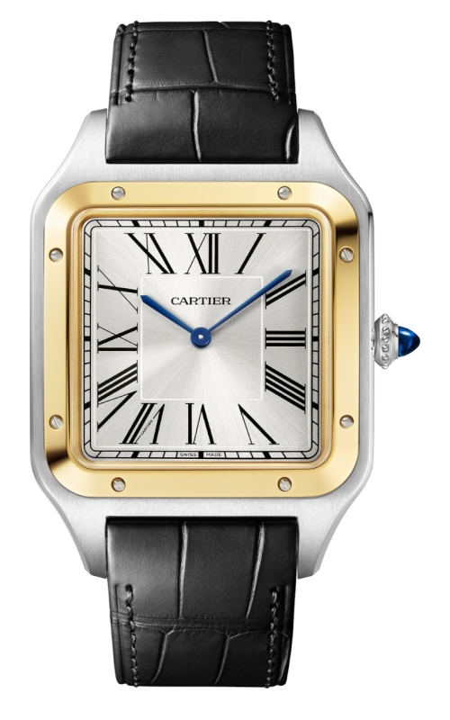18KYG/SS CARTIER SANTOS DUMONT, X-LARGE, GRAY ALLIGATOR LEATHER STRAP, STEEL BEADED CROWN, SILVERED