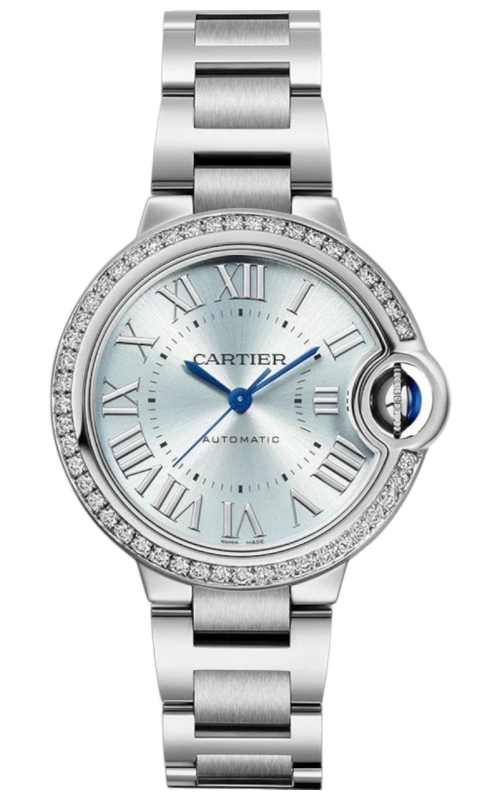 SS CARTIER BALLON BLEU 33MM, AUTOMATIC, ICE BLUE ROMAN DIAL, DIAMOND BEZEL, SS BRACELET