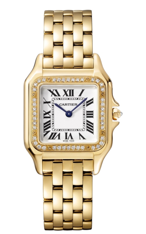 18KY CARTIER PANTHERE, SMALL, QUARTZ MOVEMENT, DIAMOND BEZEL, WHITE ROMAN DIAL, BLUE HANDS, 18KY BRA