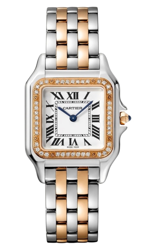 SS/18KR CARTIER PANTHERE, MEDIUM, QUARTZ MOVEMENT, DIAMOND BEZEL, WHITE ROMAN DIAL, BLUE HANDS, TWO