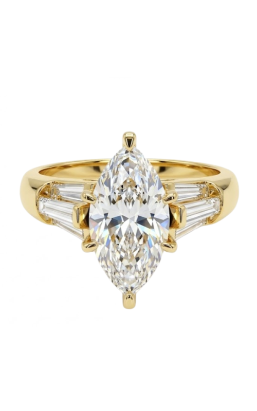18KY 0.96CTW DIAMOND ENGAGEMENT RING WITH A 1.5CT MQ CZ 6 PRONG CENTER MET BY CHANNEL CATHEDRAL SET