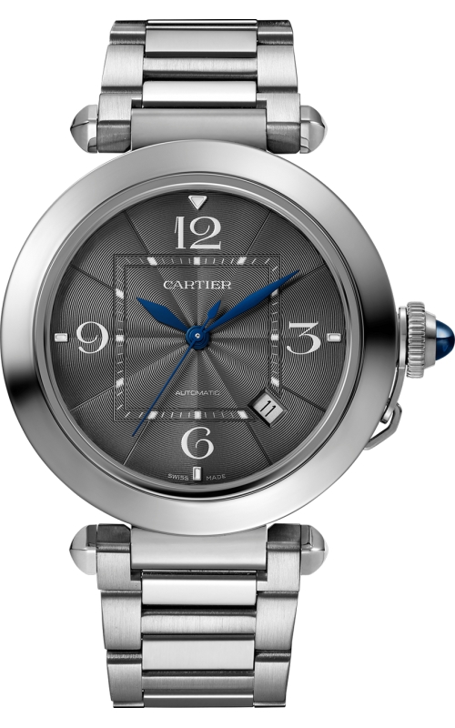 SS CARTIER PASHA 41MM, AUTOMATIC, GREY 3.6.9.12 DIAL, BLUE HANDS, DOMED BEZEL, EXTRA STRAPS, BLUE ST