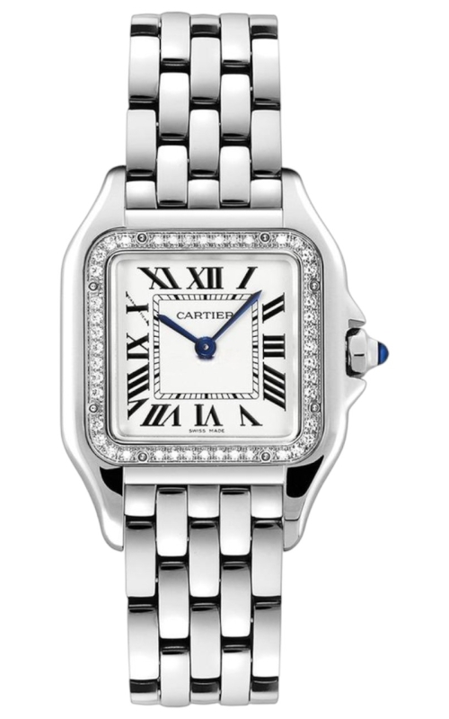 SS MEDIUM CARTIER PANTHERE, WHITE ROMAN DIAL, BLUE SECONDS HAND, DIAMOND BEZEL, QUARTZ MOVEMENT, SS