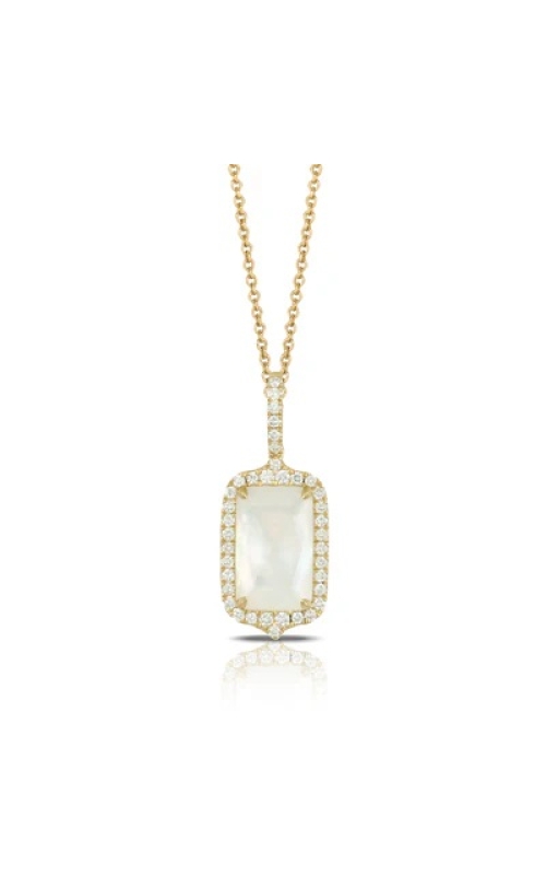 18KY DIAMOND PENDANT WITH CLEAR QUARTZ OVER WHITE MOTHER OF PEARL, DIAMOND BAIL, DIAMOND HALO, 44RDS