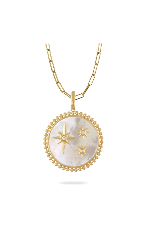 18KY GOLD AND DIAMOND CIRCULAR PENDANT, WITH MOP AND THREE STARS ON FACE OF PENDANT