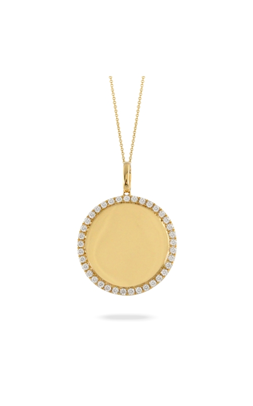18KY DIAMOND CIRCLE PENDANT, 37RDS=0.43CTW, DIAMOND HALO W/ SOLID GOLD CENTER OF PENDANT