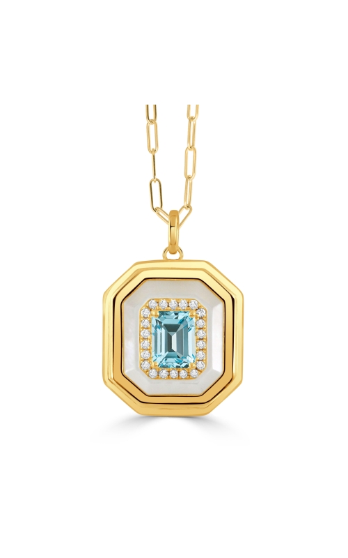 18KY DIAMOND/TOPAZ PENDANT, BEVELED EDGES, TOPAZ AND WHITE MOP CENTER, DIAMOND HALO