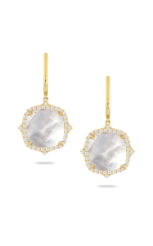 18KY 9.04CT MOP 0.40CTW DIAMOND DANGLE EARRINGS WITH CUSHION CHECKERBOARD CABACHON CLEAR QUARTZ OVE