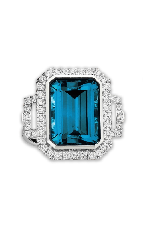 18KW 9.32CT LONDON BLUE TOPAZ 0.70CTW DIAMOND ART DECO STYLE RING WITH A BEZEL SET CENTER LBT WITH