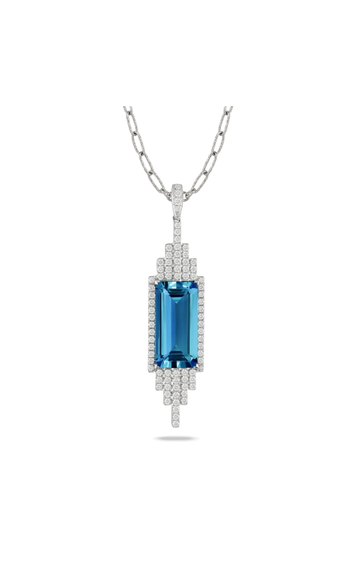 18KW 13.98CT BLUE TOPAZ 1.07CTW DIAMOND PENDANT WITH AN EMERALD CUT LONDON BLUE TOPAZ WITH PAVEE DI