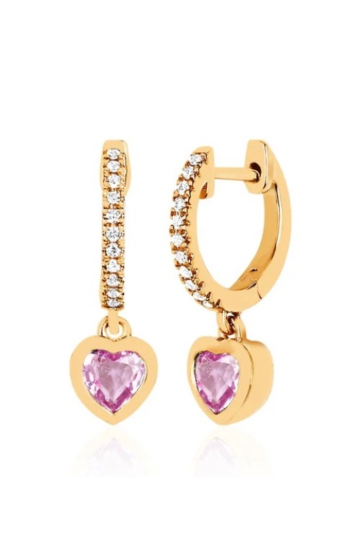 14KY DIAMOND 22RDS=0.07CTW MINI HUGGIE EARRINGS WITH PINK SAPPHIRE HEART DROP 2PS=0.50CTW, FRICTION