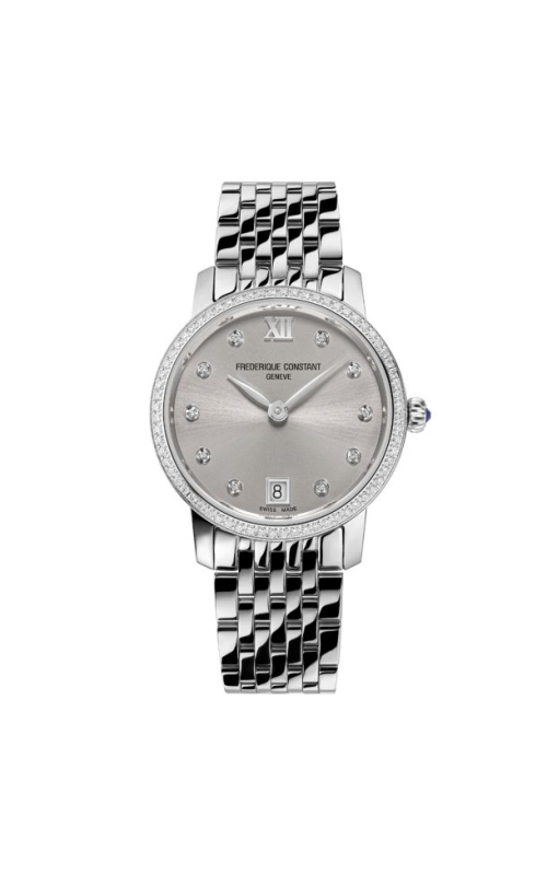 SS ULTRA SLIM FREDERIQUE CONSTANT DIAMOND BEZEL, DIAMOND DIAL, SILVER DIAL, DATE APERTURE