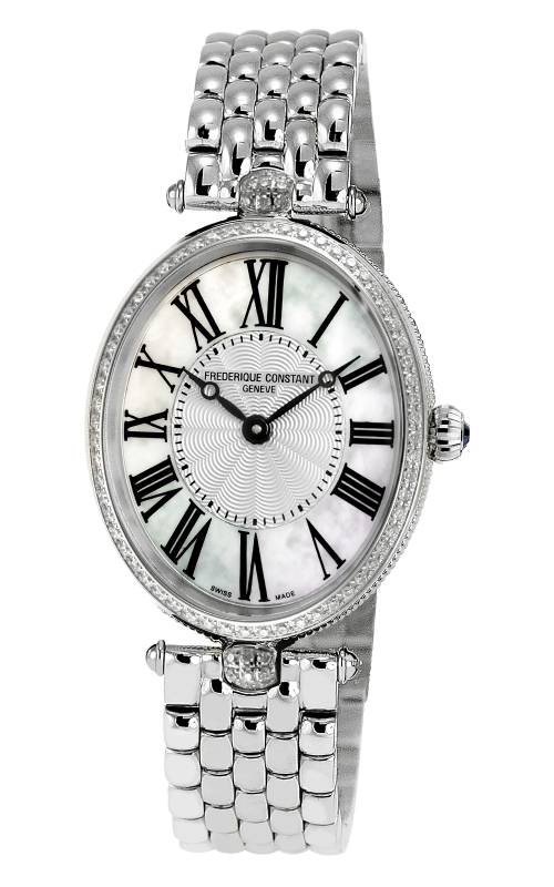 SS FREDERIQUE CONSTANT ART DECO QUARTZ, OVAL 30x25mm CASE, WHITE ROMAN DIAL, DIAMOND BEZEL, SS BRACE