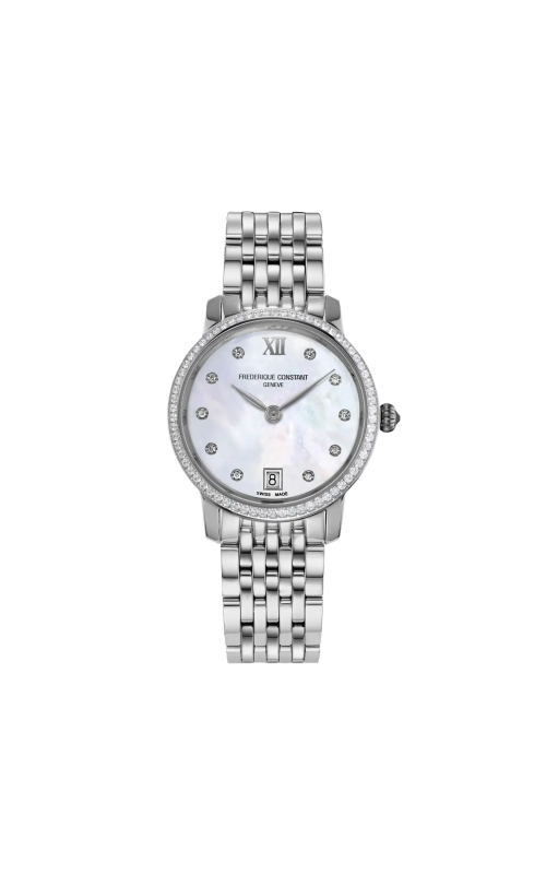SS 30MM FREDERIQUE CONSTANT CLASSICS SLIMLINE LADIES, MOTHER OF PEARL DIAMOND DIAL, DIAMOND BEZEL, D