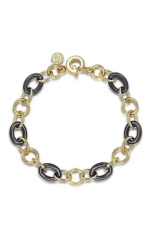 14KY/BLACK CERAMIC HOLLOW TUBE OVAL BRACELET WITH ALTERNATING MM SIZES CONTEMPORARY COLLECTION SIZE