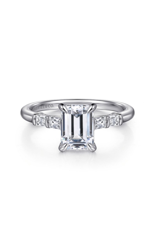 14KW DIAMOND ENGAGEMENT RING, CZ CENTER STONE (7.5mm x 5.5mm), HIDDEN HALO (14RDS), TAPERED BAGUETTE