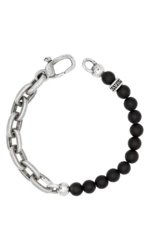STERLING SILVER HALFBEAD-LINK BRACELET, 8mm CABOCHAN BLACK ONYX BEADS (45.50CTW), OVAL LINKS, 8.5,