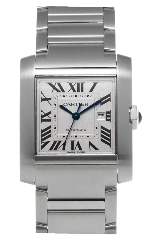 SS CARTIER TANK FRANCAISE, WHITE ROMAN DIAL, BLUE HANDS, BLUE STONE CROWN, SS BRACELET