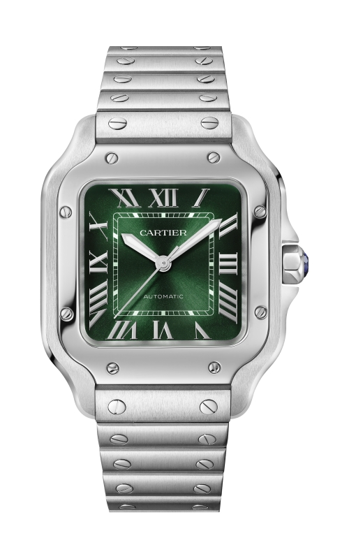 SS CARTIER SANTOS (MEDIUM) GREEN ROMAN DIAL, WHITE INLAY HANDS, BLUE STONE CROWN, SS BRACELET W/ GRE