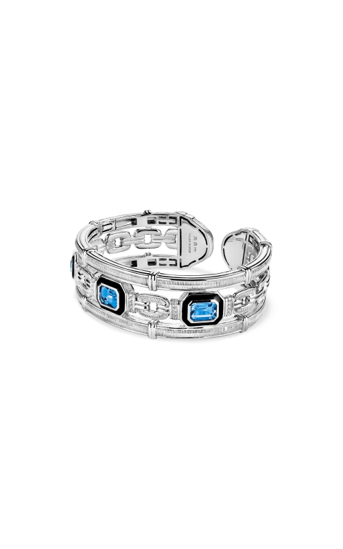 STERLING SILVER 0.24CTW DIAMOND BLUE TOPAZ AND BLACK ENAMEL ADRIENNE CUFF BRACELET WITH 3 BEZEL SET